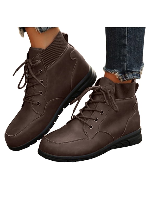Retro Wedge Combat Boots for Women Comfortable Casual Leather Rib Cuff Lace up Low Heels Non Slip Work Riding Short Ankle Booties Fall Winter