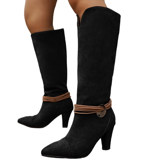 Rokment Retro Wide Calf Knee High Boots For Women Casual Solid Suede Pointed Toe Kitten Heels Mid-Calf Strappy Dress Riding Cowgirl Tall Booties Fall Winter