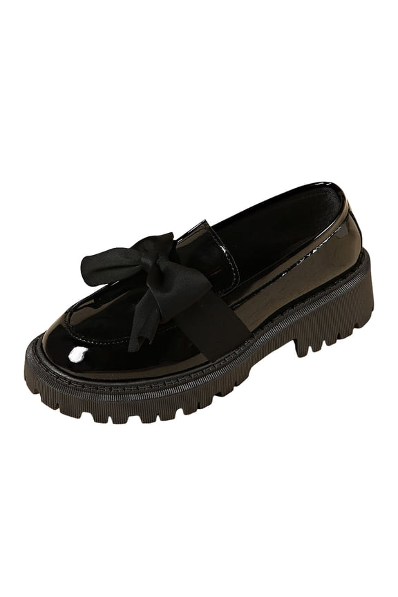 Ribbon Bow Platform Slip on Loafers For Women Fashion Leather Bowknot Chunky Log Sole Mary Jane Flat Casual Walking Dress Shoes Black Size 6.5