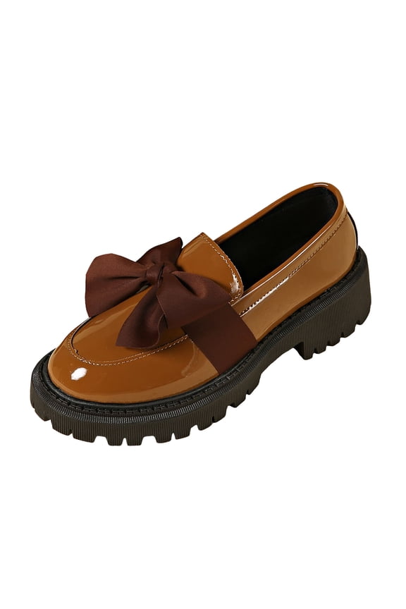 Ribbon Bow Platform Slip on Loafers For Women Fashion Leather Bowknot Chunky Log Sole Mary Jane Flat Casual Walking Dress Shoes Khaki Size 7