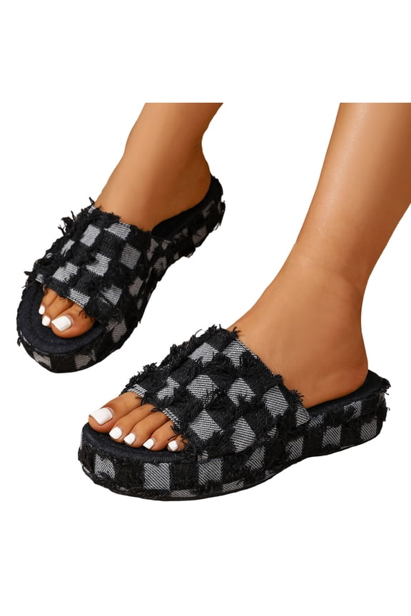Ripped Checkered Denim Platform Slippers Sandals for Women Trendy Casual Plaid Chunky Footbed Flatform Slip on Comfortable Walking Flat Backless Slides 2026 Summer Black Size 6.5