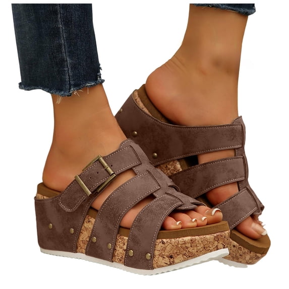 Rokment Roman Cork Footbed Platform Wedge Gladiator Sandals for Women 2026 Beach Summer Fashion Casual Leather Comfortable Chunky High Heel Slip on Walking Slides Dress Slipper Mules Brown Size 7.5