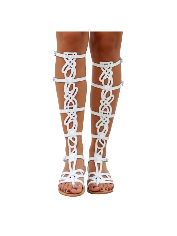 Roman Vintage Knee High Gladiator Flip Flops for Women Gothic Boho Beach Leather Flat Dressy Sandals Summer 2026 White Size 7