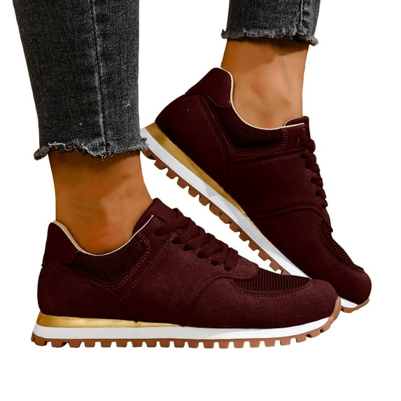Rokment Running Shoes Fashion Sneakers for Women 2026 Spring Fall Suede Casual Low Heel Non Slip Wedges Walking Jogging Tennis Shoes Wine Size 6