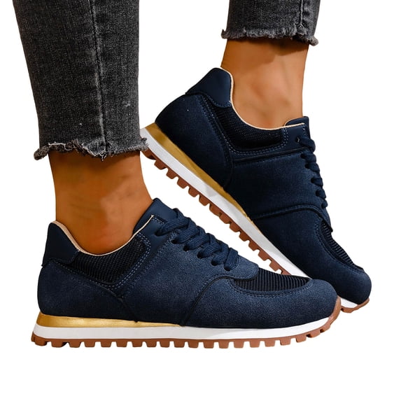 Rokment Running Shoes Fashion Sneakers for Women 2026 Spring Fall Suede Casual Low Heel Non Slip Wedges Walking Jogging Tennis Shoes Navy Size 6