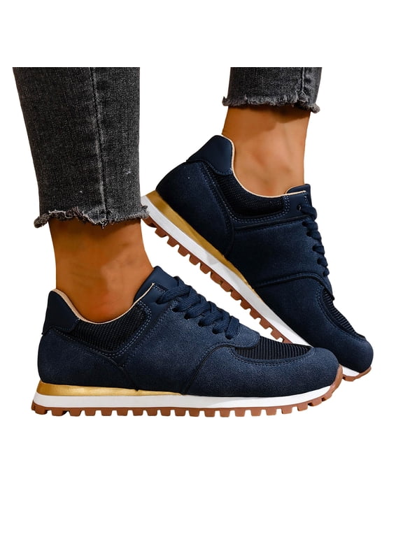 Running Shoes Fashion Sneakers for Women 2026 Spring Fall Suede Casual Low Heel Non Slip Wedges Walking Jogging Tennis Shoes Navy Size 8