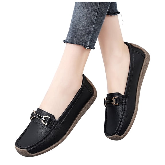 Rokment Slip on Penny Loafers Walking Shoes for Women Maternity Trendy Comfortable Leather Square Toe Flat Low Heel Driving Oxfords Dress Shoes Black Size 10