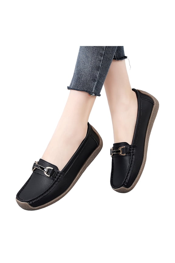 Slip on Penny Loafers Walking Shoes for Women Maternity Trendy Comfortable Leather Square Toe Flat Low Heel Driving Oxfords Dress Shoes Black Size 6.5