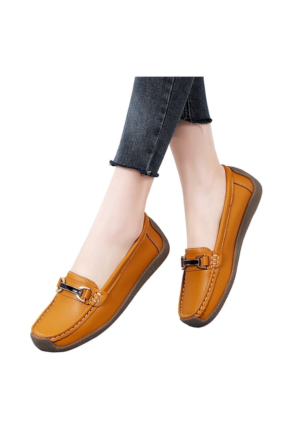 Slip on Penny Loafers Walking Shoes for Women Maternity Trendy Comfortable Leather Square Toe Flat Low Heel Driving Oxfords Dress Shoes Orange Size 7.5