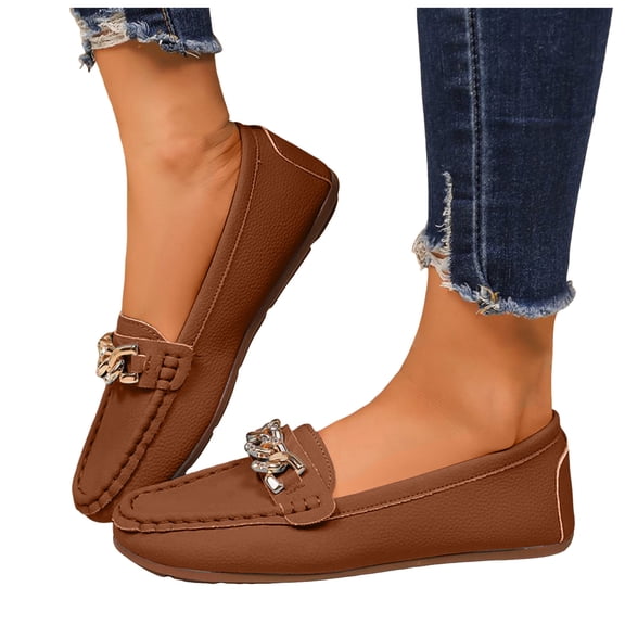 Rokment Slip on Loafers Boat Shoes for Women Pregnancy with No Heel Fashion Casual Soft Leather Walking Driving Flat Dress Shoes Brown Size 6.5