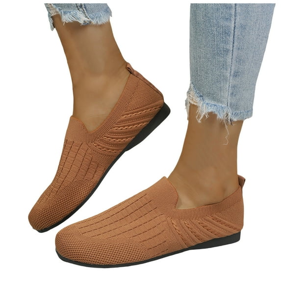 Rokment Slip on Socks Walking Shoes for Women 2026 Spring Fall Comfortable Knit Penny Loafers Low Heels Nursing Driving Work Casual Flat Brown Size 7
