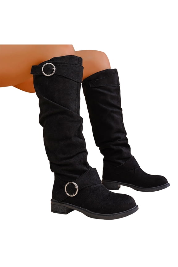 Slouch Knee High Boots for Women 2025 Fall Winter Fashion Casual Buckles Suede Chunky Low Heel Wide Calf over The Knee Long Tall Dress Boots Black Size 5.5