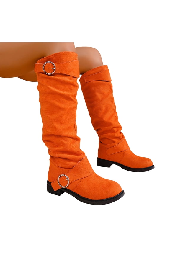 Slouch Knee High Boots for Women 2025 Fall Winter Fashion Casual Buckles Suede Chunky Low Heel Wide Calf over The Knee Long Tall Dress Boots Orange Size 7.5