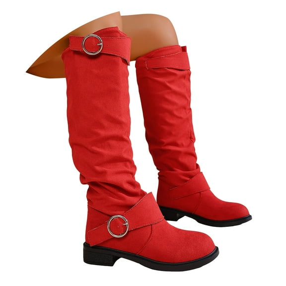 Rokment Slouch Knee High Boots for Women 2025 Fall Winter Fashion Casual Buckles Suede Chunky Low Heel Wide Calf over The Knee Long Tall Dress Boots Red Size 6