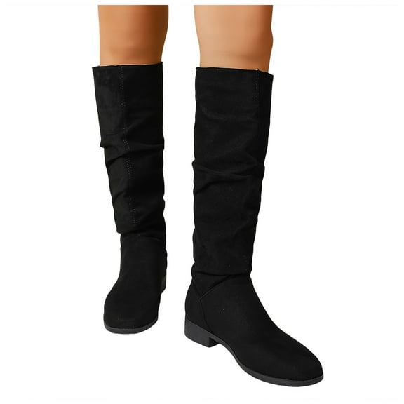 Rokment Slouch Knee High Boots for Women 2025 Trendy Fall Winter Suede Low Heel Wide Calf Slouchy Dress Tall Boots Black Size 6
