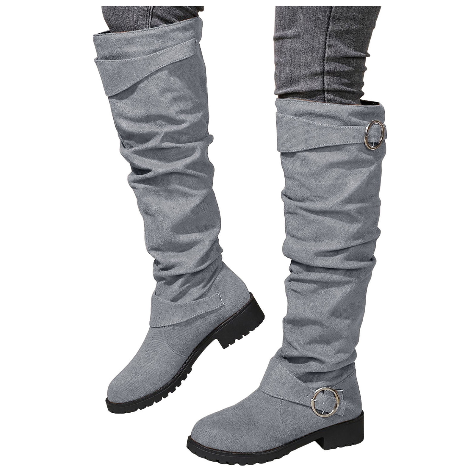grey dress boots women Rokment Slouchy for Knee High Wide Calf Fashion Buckles Suede Chunky Block Low Heel Casual over The Knee Long Tall Boots Ladies Black Size 6 what to wear with grey ankle boots