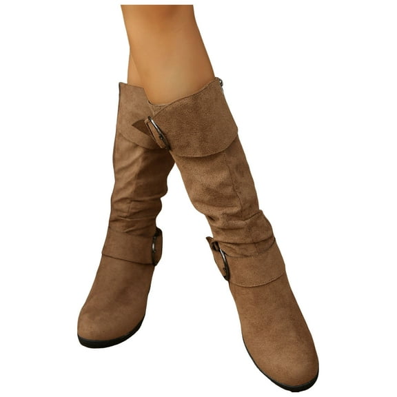 Rokment Slouchy Buckles Mid Calf Dress Boots for Women Ladies Fall Winter Trendy Round Toe Wedge High Heels Wide Calf Tall Boots Khaki Size 6.5