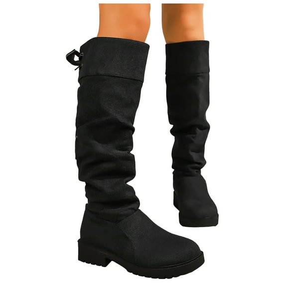 Rokment Slouchy Knee High Boots for Women Ladies Fall Winter Fashion Casual Suede Back Strappy Chunky Low Heel Wide Calf Tall Dress Boots Black Size 6