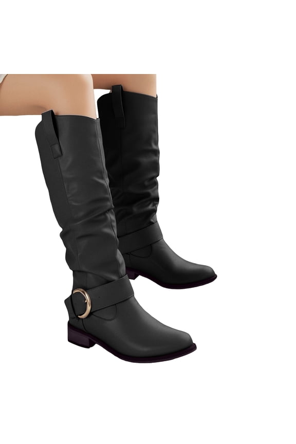 Slouchy Knee High Boots for Women 2025 Winter Fall Fashion Leather Pointed Toe Chunky Low Heel Long Tall Dress Boots Black Size 7