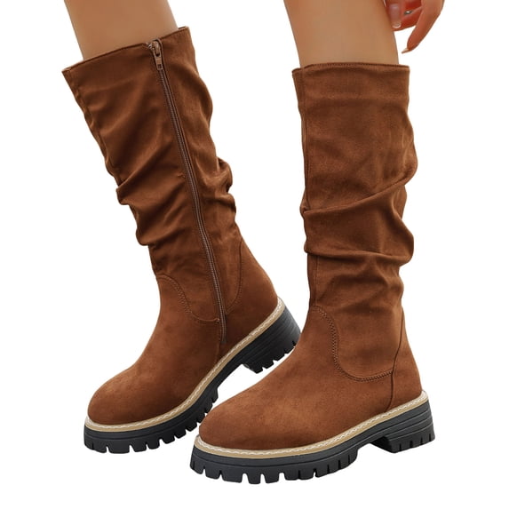 Rokment Slouchy Platform Mid Calf Boots for Women Winter Spring Fashion Casual Suede Round Toe Side Zipper Wide Calf Dress Tall Boots Brown Size 7