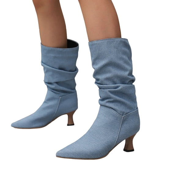 Rokment Slouchy Stiletto Wide Mid Calf Dress Boots for Women Fashion Casual Denim Leather Pointed Toe Kitten Heel Long Tall Boots Winter Spring Blue Size 9