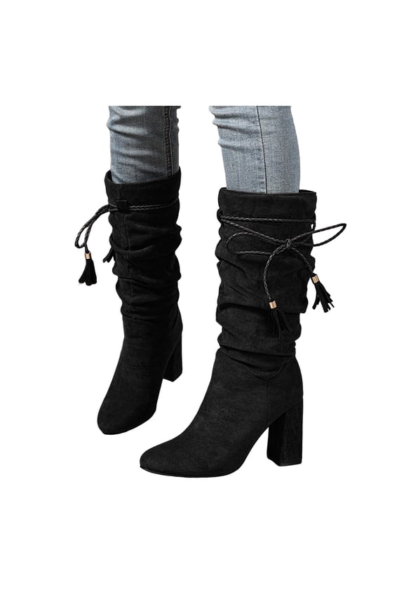 Slouchy Strappy Wide Calf High Heel Dress Boots for Women Ladies Boho Fashion Suede Fringe Pointed Toe Block Heeled Tall Boots Fall Winter Black Size 6.5