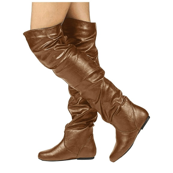 Rokment Slouchy Thigh High Boots for Women 2025 Fall Winter Metallic Fashion Round Toe Flat No Heel over The Knee Long Tall Dress Boots Brown Size 9