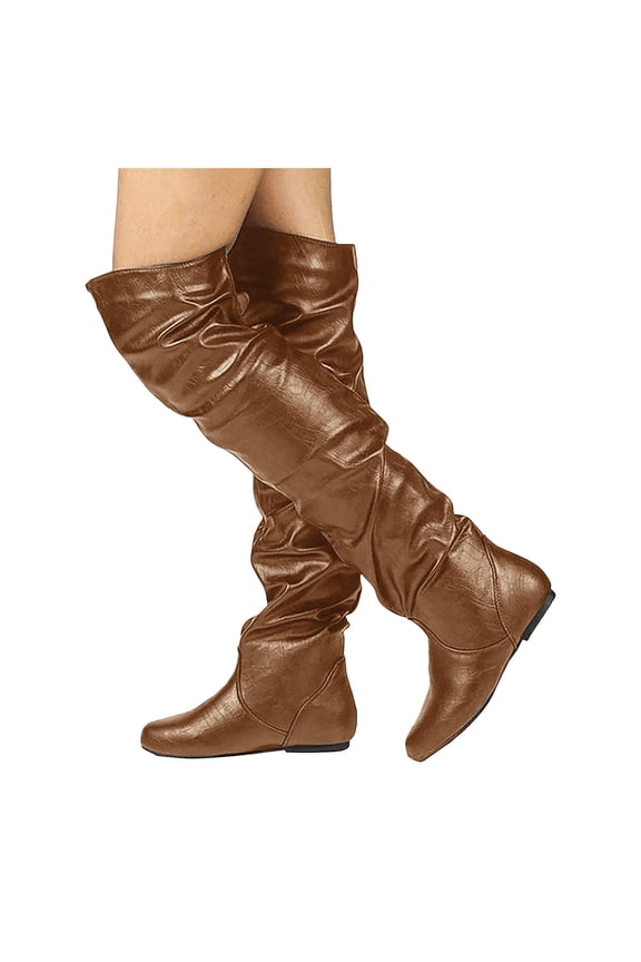 Slouchy Thigh High Boots for Women 2025 Fall Winter Metallic Fashion Round Toe Flat No Heel over The Knee Long Tall Dress Boots Brown Size 9