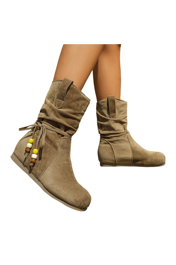 Slouchy Wide Mid Calf Boots for Women 2025 Fall Winter Boho Suede Round Toe Flat No Heel Dress Tall Booties