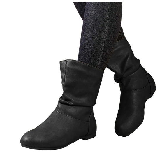 Rokment Slouchy Wide Mid Calf Boots for Women with Low Heels Vintage Fashion Casual Leather Round Toe Slip on Short Dress Booties Black Size 6