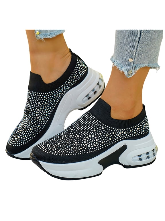 Sparkling Rhinestones Orthopedic Chunky Slip on Walking Shoes for Women Comfortable Knit Arch Support Platform Non-Slip Work Sneakers