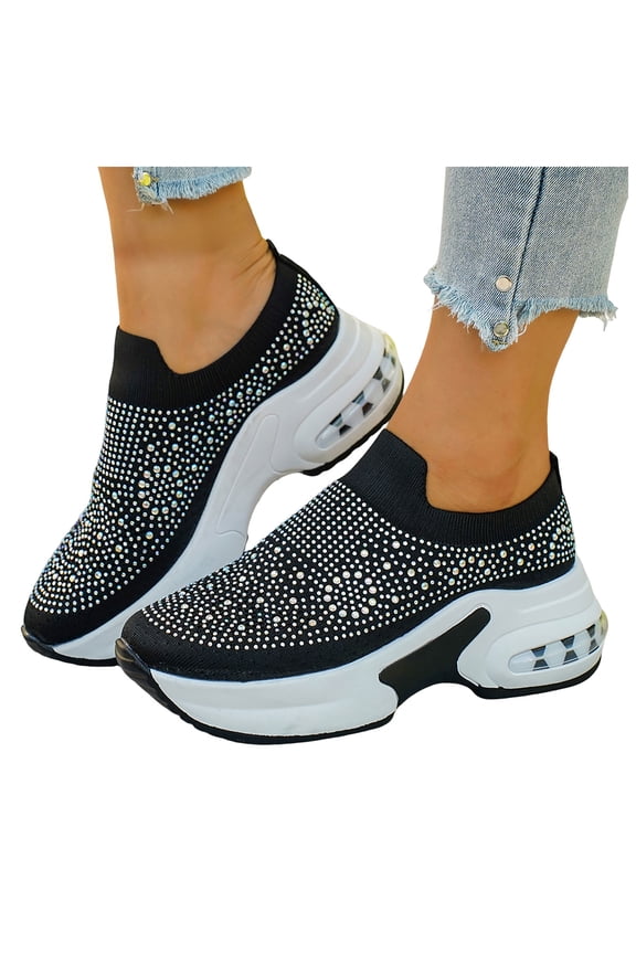 Sparkling Rhinestones Orthopedic Chunky Slip on Walking Shoes for Women Comfortable Knit Arch Support Platform Non-Slip Work Sneakers
