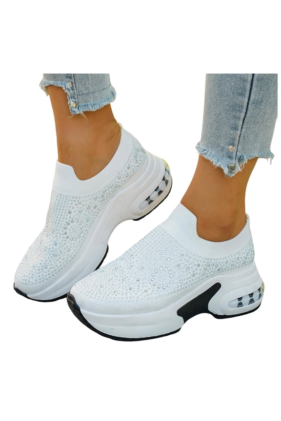 Sparkling Rhinestones Orthopedic Chunky Slip on Walking Shoes for Women Comfortable Knit Arch Support Platform Non-Slip Work Sneakers