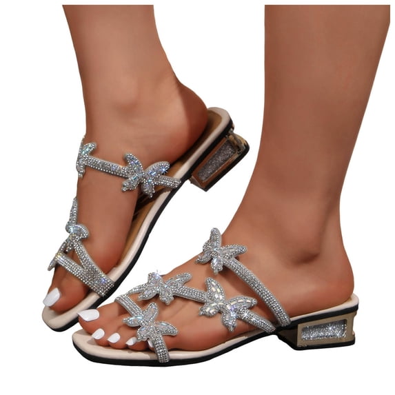 Rokment Sparkly Rhinestones Butterfly Slides Dressy Sandals for Women Bride Wedding Square Toe Bling Chunky Block Low Heels Slip on Backless Dress Slippers Summer Silver Size 6