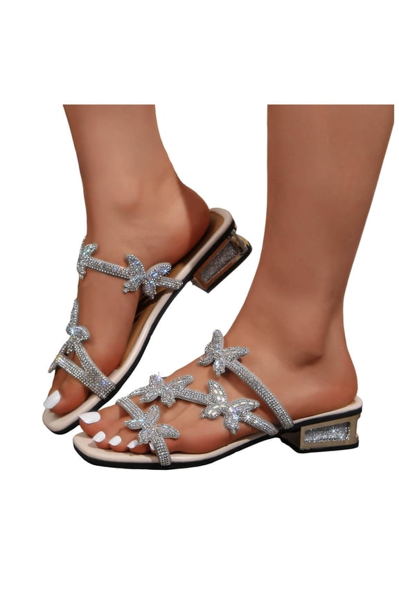 Sparkly Rhinestones Butterfly Slides Dressy Sandals for Women Bride Wedding Square Toe Bling Chunky Block Low Heels Slip on Backless Dress Slippers Summer Silver Size 6