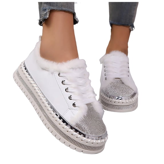 Rokment Sparkly Rhinestones Fuzzy Platform Fashion Sneakers for Women with Fleece Lined Winter Warm Glitter Snow Ankle Boots Flats Low Top Tennis Shoes Beige Size 6