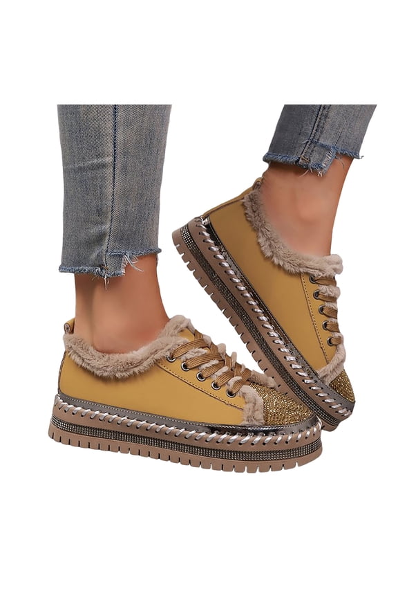 Sparkly Rhinestones Fuzzy Platform Fashion Sneakers for Women with Fleece Lined Winter Warm Glitter Snow Ankle Boots Flats Low Top Tennis Shoes Brown Size 8.5