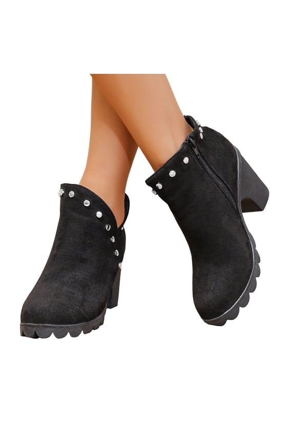 Sparkly Rhinestones High Heels Ankle Boots for Women Ladies Bride Wedding Suede Cut-Out Chunky Heeled Dress Booties Christmas Party Black Size 8