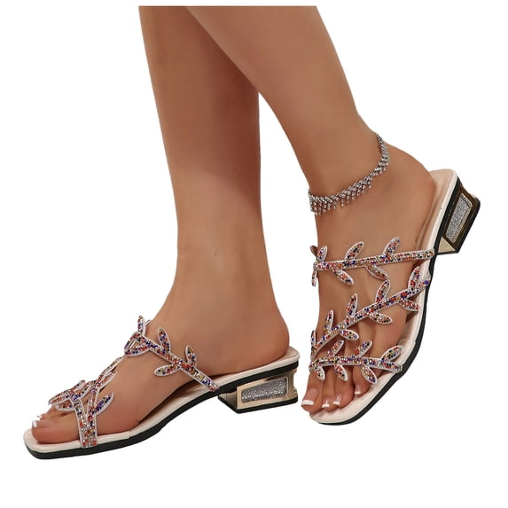 Rokment Sparkly Rhinestones Leaves Dress Slides Sandals for Women Bride Wedding 2026 Summer Bling Square Toe Chunky Block Low Heel Bridal Backless Slippers Beige Size 6
