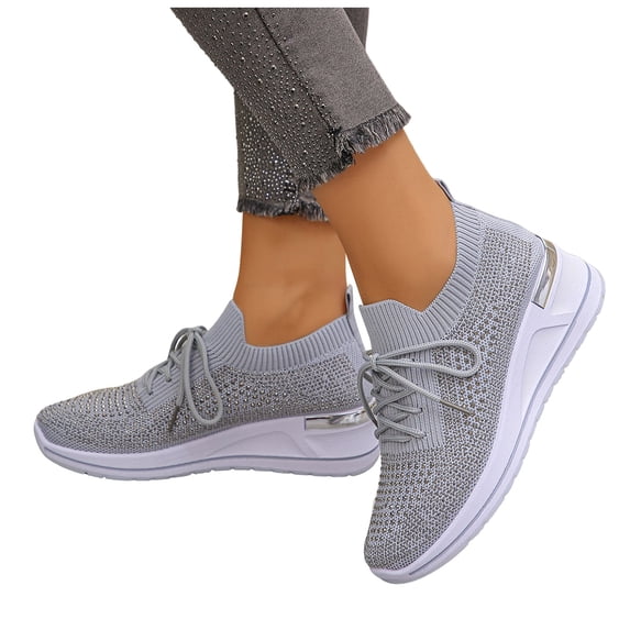Rokment Sparkly Rhinestones Orthopedic Wedges Walking Work Shoes for Women Breathable Comfortable Knitted Platform Non Slip Nursing Sneakers Light Gray Size 7