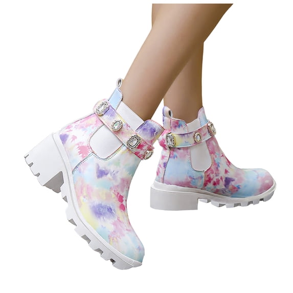 Rokment Sparkly Rhinestones Platform Combat Boots for Women Fashion Bling Leather Chunky High Heel Dress Ankle Booties Fall Winter Multicolour Size 6.5