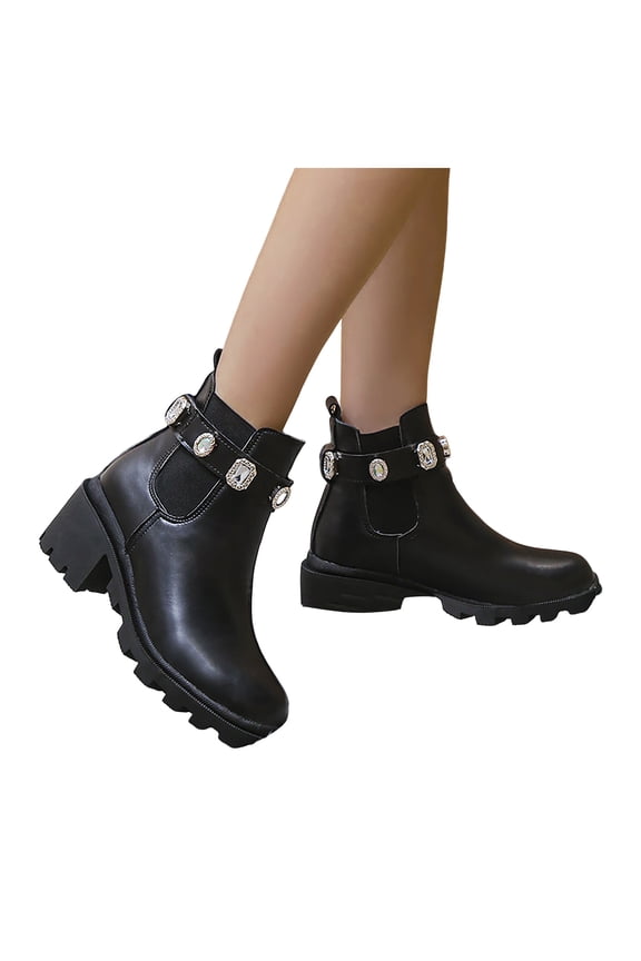 Sparkly Rhinestones Platform Combat Boots for Women Fashion Bling Leather Chunky High Heel Dress Ankle Booties Fall Winter Black Size 9