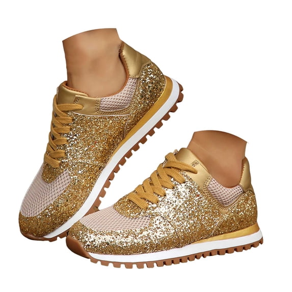 Rokment Sparkly Sequin Fashion Sneakers Walking Shoes for Women Fall Winter Bling Breathable Mesh Patchwork Lace up Memory Foam Non Slip Running Tennis Casual Footwear Gold Size 7.5
