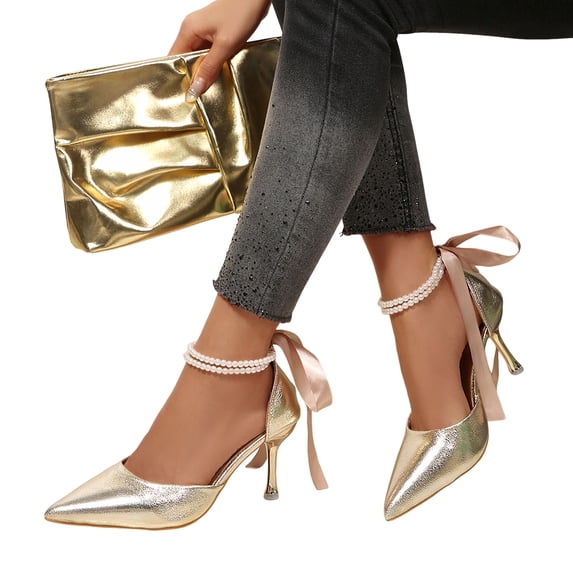 Rokment Stiletto Dressy Shoes for Women Bride Wedding Delicate Elegant Pearl Leather Pointed Toe Slip on High Heels with Back Lace up Summer Fall Dress Pumps Sandals Gold Size 9