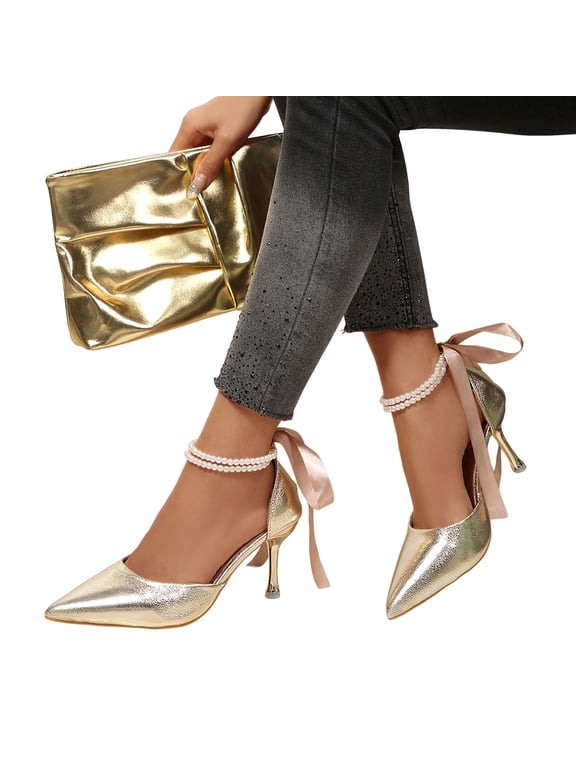 Stiletto Dressy Shoes for Women Bride Wedding Delicate Elegant Pearl Leather Pointed Toe Slip on High Heels with Back Lace up Summer Fall Dress Pumps Sandals Gold Size 9.5