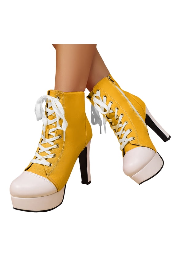 Stiletto Heels Platform High Top Fashion Sneakers For Women Trendy Casual Canvas Lace up Heeled Walking Pumps Ankle Boots with Side Zipper Spring Fall Winter Yellow Size 8.5
