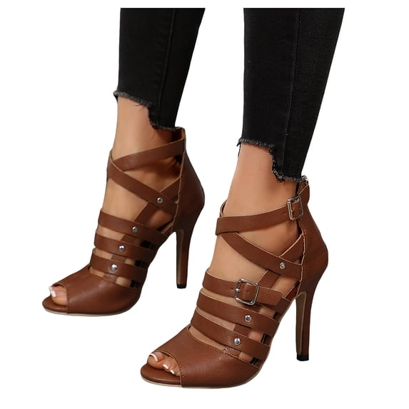 Rokment Stiletto High Heels Dressy Sandals for Women Ladies Roman Vintage Casual Leather Buckles Peep Toe Strappy Dress Pumps Heeled Gladiator Summer Shoes Brown Size 8