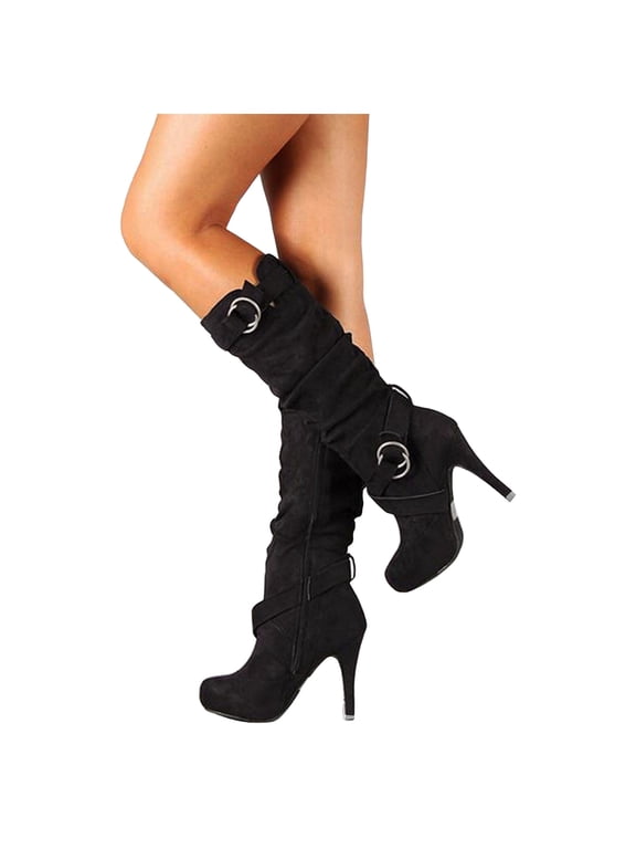 Stiletto High Heels Slouchy Knee High Boots for Women Ladies Fall Winter Fashion Casual Buckles Dress Pumps Wide Calf Tall Boots Black Size 6