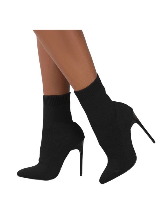 Stiletto Slip on Socks Mid Calf Dress Boots for Women Ladies Stretchy Knit Fashion Pointed Toe High Heels Dressy Pumps Short Booties Business