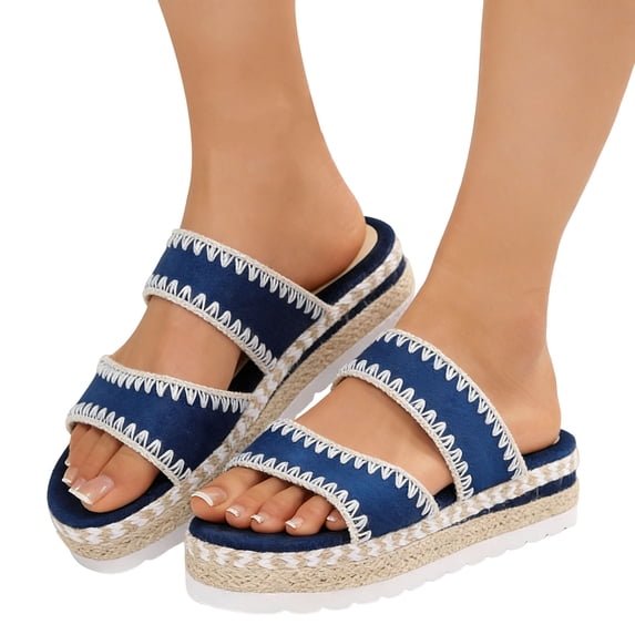 Rokment Stitching Espadrilles Platform Beach Sandals for Women Fashion Casual Height Increasing Flatform Comfortable Walking Chunky Flat Dress Slip on Slides Summer Vacation Blue Size 7.5